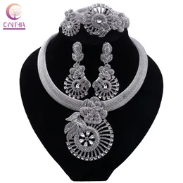 مجموعات مجوهرات الزفاف Cynthia Women Silver Netclace Necklace Women Gets Mets Crystal Orrings Ring Classic Wedding Flower Jewelry Ster for Bride 230313