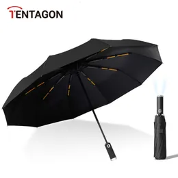 Paraplyer tentagon automatiskt paraply med LED -ficklampa tre vikta UV -paraply för regn och sol 10 revben vindtät bärbar parasol 230314