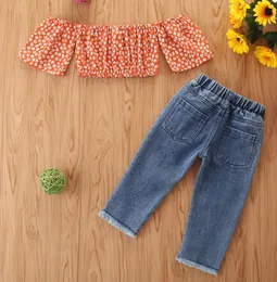 Yürümeye başlayan çocuk kız bebek omuz kapalı giysiler turuncu çiçek baskılı üstler tişört denim pantolon kıyafetler 2 adet