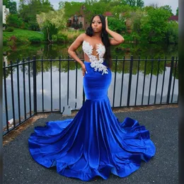 African Royal Blue Velvet Long Prom Dress for Black Girl