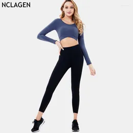 アクティブセットnclagen autumn yoga siteトップセクシーなジムスポーツワークアウトランニングマッチング長袖ハイウエストメッシュ2ピースセット