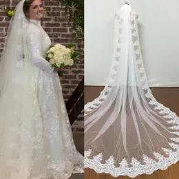 Véus de noiva de Branco de 1,5m de Branco Tulle Aplique Lace One Layer Wedding Véils 03