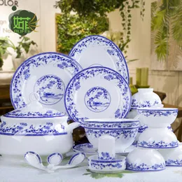 Zestawy zastaw obiadowych Jingdezhen Ceramiczne zastawa stołowa domowa 56 Głów chińskiej niebieskiej i białej porcelanowej miski Zestaw kości Chiny