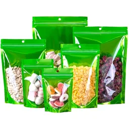 Clear Plastic Green Aluminium Foil Self Seal Stand Up Bag med Hang Hole återförslutningsbar återlämnbar mat Doypack Pouches LX5484