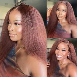Fashion New Reddish Brown Kinky Straight Wigs per Black Women Hd lace pre pizzicato Remy Human Hair 13x4 Parrucca anteriore in pizzo trasparente 130% densità DIVA1