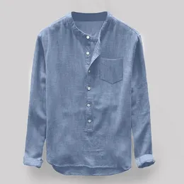 Męskie koszule męskie męskie bluzka zimowa rękaw Bluzka Linen Linen Autumn Casual Cotton Fashion and Men Blue Button Mens Koszulka koszulka 230314