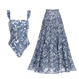 Swim Weat Blue Postned Swimsuit e saia High Strap Bikini Chiffon Elastic Beach Skirt Trendy Elegant 230313