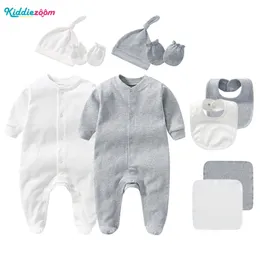 Kläderuppsättningar födda neutrala kläder Pure Color Set Baby Boy Cotton Outfits Romperhatglovesbibs Spädbarnsgåvor Småbarn Girl Clothing 230313