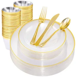 Disposable Dinnerware Golden Party Tableware Set Plastic Plate Cup Silverware Adult Birthday Wedding Bachelor Decoration Baby Shower