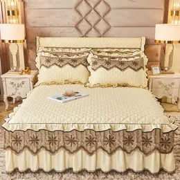 Bed Skirt Well Made European Style Thickened Brushed Quilted Embroidered Lace Bed Skirt High Quality Ruffles Bedspread No Pillowcase 230314