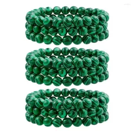 Filo 3 pezzi Donna Uomo Regalo impilabile Verde Malachite sintetica Moda Bracciale con perline rotonde Pietra naturale elasticizzata Elegante fascino vintage