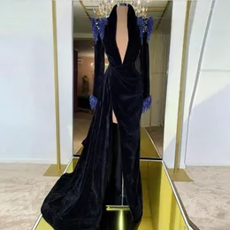 Parti Elbiseleri Suudi Arap akşamı seksi bölünmüş özel yapım vestido de fiesta boda elbise kadife tam kol vestidos formaller