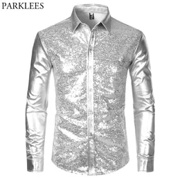 Camicie casual da uomo Argento metallizzato con paillettes Glitter Uomo 2023 Anni '70 Costume di Halloween Chemise Homme Performance sul palco Maschile 230313