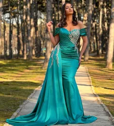 Elegantes schulterfreies türkisfarbenes Meerjungfrau-Abendkleid Überrock Frauen Luxus Perlen Kristall Prom Formale Partykleider Robe de Soiree 2023