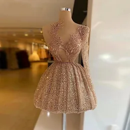 One Shoulder Champagne Prom Dresses for Women 2023 Fashion Short Party Dress Pissined Pärled Homecoming Gowns Abendkleider Robe de Soiree