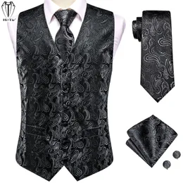 Mens Vests Hitie Woven Silk Paisley Mens Vest Hanky ​​Cufflinks Ställ in samma mönster Navy Blue Black Purple Green Waistcoat för bröllopsföretag 230313