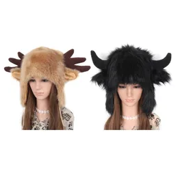 BeanieSkull Caps Women Men Winter Furry Plush Snow Trapper Hat Cute Ox Horns Deer Antlers Fluffy Animal Cap with Ear Flap Cosplay Earmuff 230314