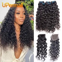 Hair Pieces Upermall 3 4 Remy Water Wave Human Pacéis com fechamento Brasileiro HD Transparente 4x4 Lace e Bundle Black Natural 230314