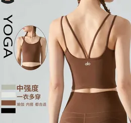 Kvinnors tankar camis designer varumärke tank top alos yoga tank top kvinnors tunna axel bälte tillbaka en stycke yoga bh stockproof samlad fitness sele med pad