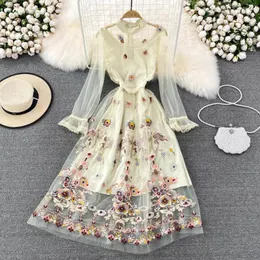 Work Dresses Banulin Summer Runway Two Piece Set Women Stand Collar Long Flare Sleeve Chic Mesh Embroidery Flower Holiday Dress N927