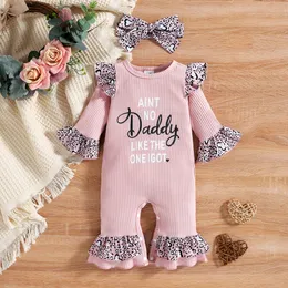 Rompers Focusnorm 0-18m 2st Baby Girls Boys Romper Clothing Letter Leopard Print Flare Sleeves Jumpsuit pannband 230313