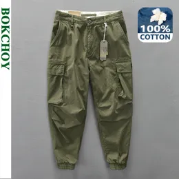 Calça masculina 2023 Primavera 100% Algodão Cargo casual para coloras sólidas Big Pocket Troushers Streetwear Az304 230314