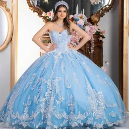 Himmelblaues Ballkleid Quinceanera-Kleider Spitzenapplikationen Perlen Schatz-Abschlussballkleider Süßes 16-Kleid Vestidos de 15 Jahre