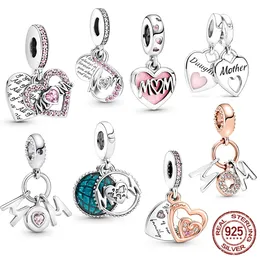 Passend für Pandora-Perlen aus 925er-Silber, Damenschmuck, „Mom Letters Heart Double Dangle“.