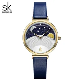 Shengke Women Fashion Blue Quartz Watch Lady Lady Teather Watch -полоса высококачественные повседневные водонепроницаемые наручные часы для жены с Box218B
