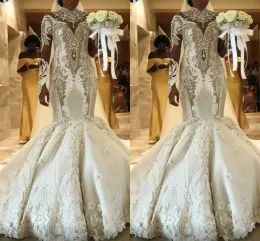 2023 Mermaid Wedding Dresses Bridal Gown Long Sleeves Crystals Beaded High Collar Ruffles Sweep Train Tulle Custom Made Country Plus Size vestido de novia