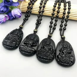 Pendant Necklaces Amitabha Buddha Black Obsidian Carved Lucky Amulet Necklace Women Men's Jewelry