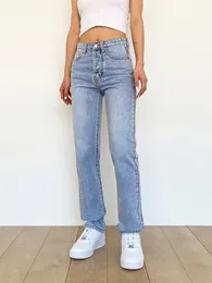 Kvinnors jeans i hög midja mamma jeans kvinnor streetwear harajuku vintage tvättade raka ben smala fit estetiska blå denim byxor byxor 230314