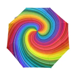 Umbrellas Outdoor Portable Three Folding Umbrella Parasol Rainbow Colored Swirl Design Women's Automatic Rain Umbrella With Black Coating 230314