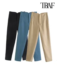 Womens Pants Capris TRAF Women Chic Fashion With Seam Detail Office Wear Vintage High Waist Zipper Fly Female Ankle Trousers Mujer 230313