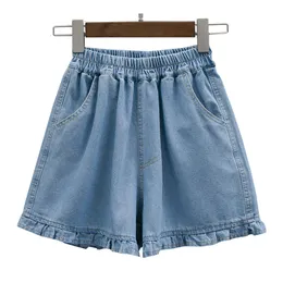 Kvinnors shorts harajuku kvinnor denim shorts elastiska midja ruffles blå jeans lösa ropa mujer kort femme plus size s5xl lolita jean 230314