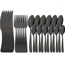 Dinnerware Sets Drmfiy 24Pcs Elegant Black Tableware Set Stainless Steel Knife Fork Spoon Flatware Kitchen Colorful Cutlery