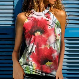 Blusas de mujer Chaleco de mujer Cuello halter Sin hombros Dulce Refrescante Tela suave Fuera del hombro Estampado artístico Patrón de flores Sin mangas Ta