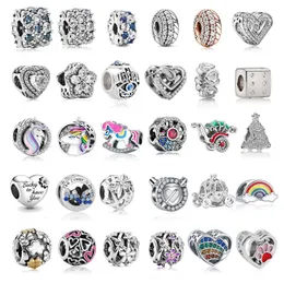 Fit Pandora pärlor 925 silver berlock kvinnor smycken Färg Unicorn Crystal Heart Clover Beads