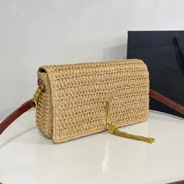 Bolsa Mensageiro Tecer Palha Ombro Bolsa Transversal Bolsa Moda Ferragens Douradas Letra Borla Decoração Cadeia Bolsas Clutch Flap Alta Qualidade