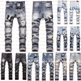 Jeans para hombres European Jean Broken Hombre Carta Diseñadores de estrellas Bordados de bordado Rasgado para la marca de tendencia Motorcycle Pant Fashion Skinny
