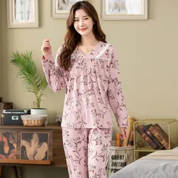 Kadın pijama pijamaları Setler Kadınlar Çiçek Tam Pamuk Moda Dantel Kadınlar Uzun Kollu Sweetwear Suit 2 Parça Seksi Sonbahar Ev Lounge Hediye XXXXL 230314