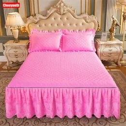 Yatak etek Cheeyouth katı kapitone yatak örtüsü dantel dekorasyon yatak etek yumuşak nefes alabilen yatak kapağı tek ikiz tam kraliçe kral 230314