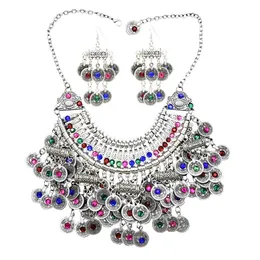 Wedding Jewelry Sets Afghan Silver Color Coin Tassel Bib Statement Necklace Earring Sets for Women Turkish Gypsy Necklace Party Jewelry 230313