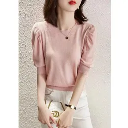 Women's T-Shirt Women's Cotton T-Shirt Casual Solid Color Knit Sweater Short Sleeve Ladies Tops Puff Sleeve Round Neck Tees blouse 230314