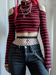 Kvinnors T-skjortor Goth Dark Grunge Striped Mall Gothic Basic T-Shirts Punk E-Girl Eesthetic Bodycon Casual Crop Tops Långärmad öppen