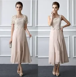 Elegant Mother Of The Bride Dresses Tea Length Lace Formal Gowns With Jacket Square Neck Elegant Two Pieces Wedding Mothers Groom Dress