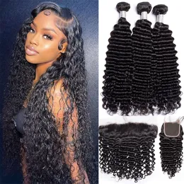 Hair Pieces Long Deep Wave 8A Pacotes humanos de grau com encerramento frontais de renda peruana 13x4 Extensões 230314