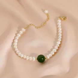 Collane con ciondolo Bracciale in agata di giada verde con perle barocche d'acqua dolce naturale per le donne Regalo per la festa nuziale Catena in ottone con ebreo pieno d'oro 14k