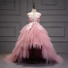 Flickans klänningar Elegant Swan Crystal Tulle släp Flower Girl Dress Evening Gown Kids Pageant Dress Birthday Party Feather Spets Princess Dress W0314