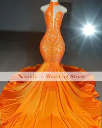 Luxury Orange Prom Dress For Black Girls 2k23 High Neck Mermaid Sequin Evening Gowns Occasion Graduation Party Dresses